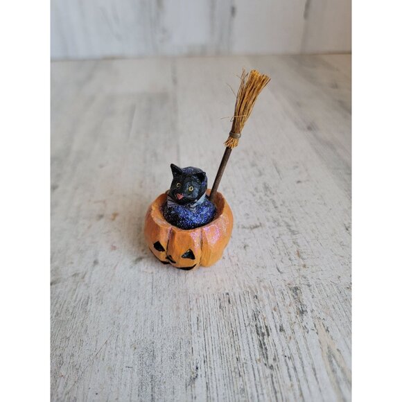 PS cat rustic miniature pumpkin broom Halloween figure decor vintage - Picture 1 of 7